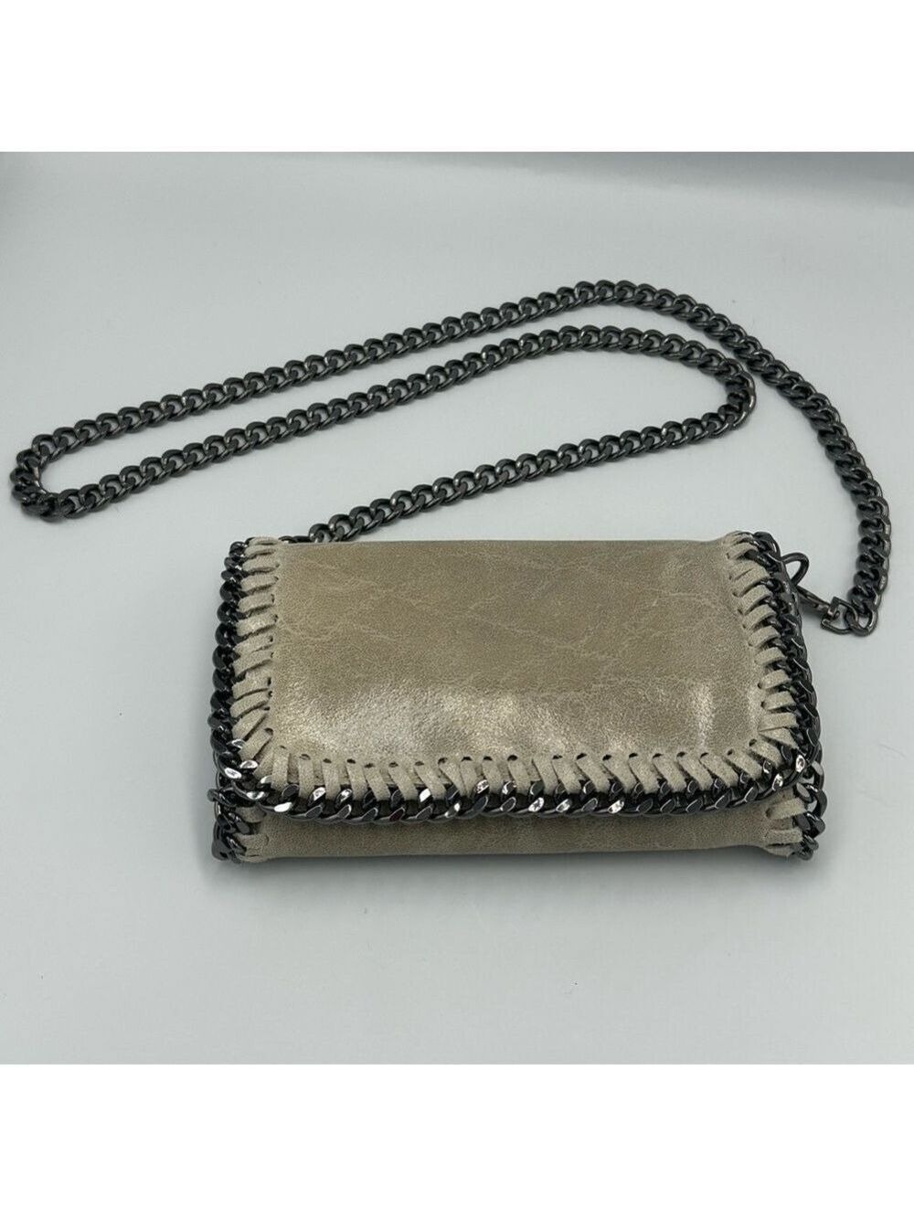 Leather Chain Crossbody Bag Metallic Taupe Gunmetal Hardware Small Fits Phone - Picture 7 of 12